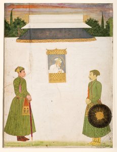 Keisari Aurangzeb jharokha-ikkunan ääressä, etualalla kaksi aatelismiestä, n.1710 (läpinäkymätön wc-kulta paperille). tekijältä Indian School