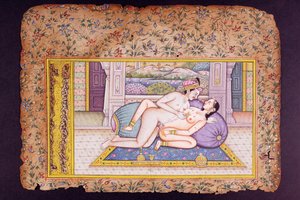 Eroottinen kohtaus ylellisessä budoaarissa, Rajasthanin pienoismaalaus