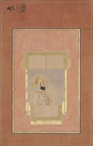Farrukh Siyyar istuu ikkunalla, kädessään kultainen sarpech, n. 1715 (läpinäkymätön wc ja kultaa paperilla) tekijältä Indian School