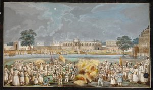 Ilotulitus kirkkaana kuutamoyönä Agna Mahalin ulkopuolella, osa Nawabin palatsia joen rannalla Murshidabadissa, n. 1790-1800 (akvarelli paperille) tekijältä Indian School