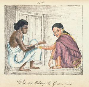 Ennustelija ja nainen julkaisusta "A Digest of the different Castes of India", kirjoittanut Venkata Ramasvani, julkaisi Madras 1837 (väri litho) tekijältä Indian School