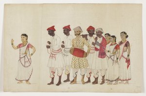 Neljä naistanssijaa kulkueessa muusikoiden kanssa, n. 1830 (läpinäkymätön wc ja kultaa paperilla) tekijältä Indian School