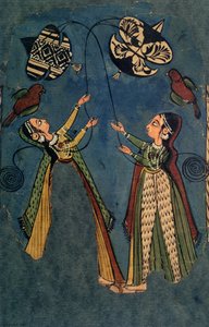 Girls Flying Kits, Kullu Folk Painting, Himachal Pradesh tekijältä Indian School