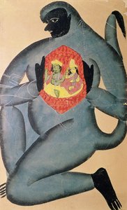 Hanuman paljastaa Raman ja Sitan sydämeensä kirjoitettuna, Patua-kastin jäsenen maalaama, 1880 tekijältä Indian School