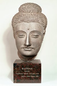 Pää Buddhan patsaalta, Gandharasta Luoteis-Intiasta (harmaa liuske)