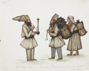 Hill Men and Woman (Guddies) Kangra Hills Hindoosin asukkaat, n. 1840 (läpinäkymätön wc paperilla) tekijältä Indian School