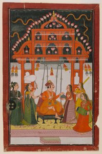 Hindola Raga, sivu hajautetusta Ragamala-sarjasta, n. 1830 (wc ja metallivärit paperille) tekijältä Indian School