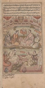 Hindu- ja muslimitutkijat kääntävät Mahabharatan sanskritista persiaksi, kuva Razmnamasta, 1598-1599 (wc, muste ja kulta paperilla) tekijältä Indian School