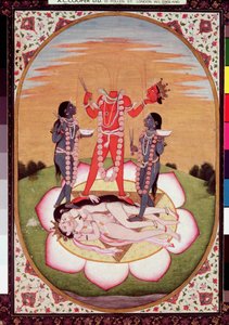 Chinnamastan ikoni, Mahavidya, joka syntyy Alkuperäisen parin yhteenliitetyistä ruumiista, Kangra, n. 1800 (guassi paperilla) tekijältä Indian School