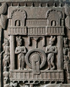 Intialainen taide, hindulaisuus: matala reliefi, joka edustaa kuningas Prasenjit II:n viimeistä vierailua Gautama Buddhan (Buddha) luona. 2. vuosisadalla eaa. Kolkata, Intian museo tekijältä Indian School