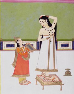 Intialainen nainen wc:ssä katsomassa itseään peilistä (guassi & kultalehti paperilla) tekijältä Indian School