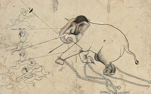 Isarda tai kotah valmisteleva piirros norsun kesyttämisestä, n. 1720 tekijältä Indian School
