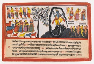 Krishna Conquers the Serpent Kaliya, sivu hajallaan olevasta Bhagavata Purana -sarjasta, n. 1775 (läpinäkymätön wc ja kultaa paperilla) tekijältä Indian School