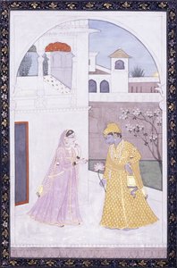 Krishna seisoo kädessään lootuksenkukka, hänen rakastajansa vaaleanpunaisessa sarissa, c. 1800 tekijältä Indian School