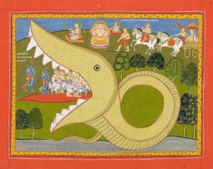 Krishna ja paimenet tulevat Agasurasin suuhun, n. 1800 (läpinäkymätön wc ja kultaa paperilla) tekijältä Indian School