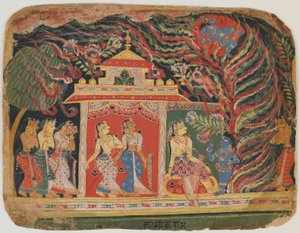 Whirlwind Demon kantoi Krishnan Bhagavata Puranalta. n. 1520-30 (läpinäkymätön wc paperilla) tekijältä Indian School