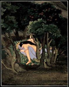 Krishna enlace par Radha (Krishna syleilee Radha) - Intialainen taide, guassi paperille, noin 1775 tekijältä Indian School