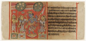 Krishna huiluttelee kahden gopin edessä, harrastaja katselee, Balagopalastutista n. 1450 (läpinäkymätön wc ja kultaa paperilla) tekijältä Indian School
