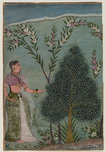 Lady in the erämaa, katkelma sivusta Bhagavata Purana -sarjasta, n. 1590-1600 (wc ja kultaa paperilla) tekijältä Indian School