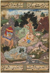 Layla ja Majnun erämaassa eläinten kanssa, Amir Khusrau Dihlavin Khamsa (kvintetti) n. 1590–1600 (läpinäkymätön akvarelli, muste ja kulta paperille) tekijältä Indian School