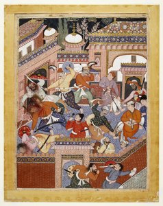 Songhur Balkhin ja Lulu vakooja johtivat ayyarit katkaisivat vankilan vartijoiden ja Free Said Farrukh-Nizhadin kurkut, 1557 - 1572 (läpinäkymätön akvarelli ja kulta puuvillakankaalla) tekijältä Indian School