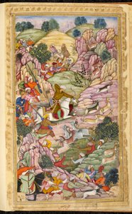 Keisari Babur metsästää Ali Shangin ja Alangarin välissä, Kabulin alueella (Afganistan). Miniatyyri persialaisesta käsikirjoituksesta Vaqi at i Baburi, Mughal-keisari Baburin (Zahir ud din Muhammad) (1483-1530) muistelmat, Intia, noin 1590. Brittivaaka tekijältä Indian School
