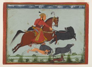 Maharaja Pratap Singh II de Mewar Caça ao Javali, c.1750-75 (aquarela, ouro e prata sobre papel) finlandês tekijältä Indian School