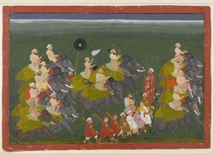 Maharana Sangram Singh of Mewar ratsastaa norsukulkueessa, Udaipur, Rajasthan, n. 1730–1740 (läpinäkymätön wc ja kultaa paperilla) tekijältä Indian School
