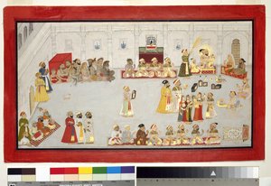 Maharana Sangram Singh lastensa ja hovimiesten kanssa, n. 1715 (läpinäkymätön wc ja kultaa paperilla, kiinnitetty albumin sivulle) tekijältä Indian School