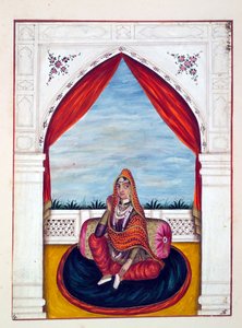 Maharani Chand Kaur, kirjasta The Kingdom of the Punjab, its Rulers and Chiefs, osa I, 27 akvarellitutkimuksen osio tuntemattomalta intialaiselta taiteilijalta, n. 1840 (wc paperilla) tekijältä Indian School