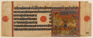 Mahavira saarnaamassa Ginashilakan pyhäkössä, lehti hajallaan olevasta Kalpasutran Jain-käsikirjoituksesta (wc ja kultaa paperilla) tekijältä Indian School