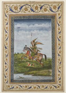 Miniatyyri, joka esittää kohtauksen siivekkäästä hahmosta hevosen selässä, luultavasti Delhin koulu, Mughal, Intia, 1800-luvun alku (akvarelli ja kultaus paperilla)