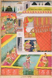Pienoismaalaus, jossa juhlitaan lapsen syntymää, mahdollisesti Aurangabad, Deccan (läpinäkymättömät mineraalivärit kiillotuspaperilla) tekijältä Indian School