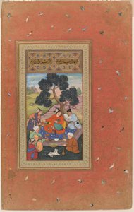 Mongolipäällikkö ja avustajat, Gulshan-albumin (Ruusutarha-albumi) folio, n. 1600 (peittävä akvarelli, muste ja kulta paperille). tekijältä Indian School