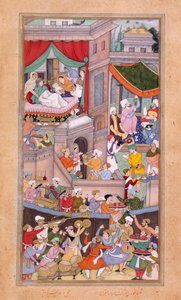 Tai. 12988, f.34v Astrologit heittävät horoskooppeja Surdas Gujaratin Timurin (1336) syntymän juhlien aikana tekijältä Indian School