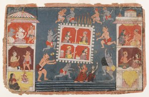 Sivu hajallaan olevasta Bhagavata Purana -sarjasta, n. 1610-1650 (läpinäkymätön wc paperilla) tekijältä Indian School
