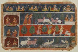 Sivu hajallaan olevasta Bhagavata Purana -sarjasta, n. 1680 (läpinäkymätön wc paperilla) tekijältä Indian School