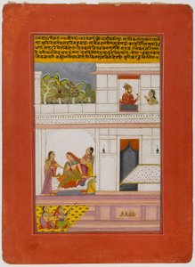 Patamanjari Ragini, sivu hajanaisesta Ragamala-sarjasta, 1700-luvun alku (läpinäkymätön wc ja kulta paperilla). tekijältä Indian School