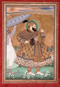 Golcondan sulttaani Abul Hasanin muotokuva, seisova, n. 1675 (läpinäkymätön wc ja kultaa paperilla) tekijältä Indian School