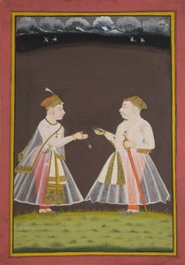 Luultavasti muotokuva Rana Raj Singhistä Udaipurista (1661-81), joka tarjoaa pannun aatelismiehelle, 1820 tekijältä Indian School