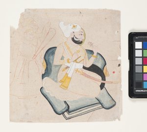 Polvistuvan prinssin profiili kahdella hoitajalla (sivellin mustetta ja akvarellia paperille) tekijältä Indian School