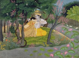 Radha ja Krishna halaavat kukkivien puiden lehdossa, n. 1780 (wc paperilla)