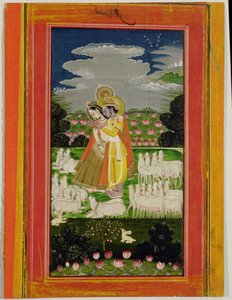 Radha ja Krishna halaavat idealisoidussa maisemassa lehmien kanssa, n. 1780 (läpinäkymätön wc paperilla) tekijältä Indian School