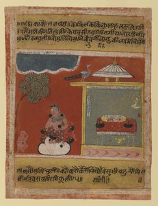 Radha kaipaa rakkaansa, sivu päivätystä Rasikapriya-sarjasta, 1634 (läpinäkymätön wc ja kultaa paperilla) tekijältä Indian School