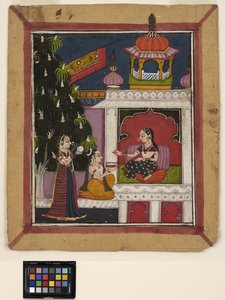 ? Raga: Polvistuva mies tarjoaa kirjan paviljongissa olevalle naiselle, n. 1800 (läpinäkymätön akvarelli paperille) tekijältä Indian School