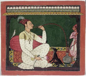 Raja Medini Pal, Inspirated on the Rivers in Takri Characters Bilauria Medini Pal, Basohli, Himachal Pradesh, Pahari School, 1735 tekijältä Indian School