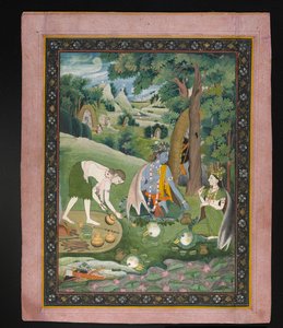 Rama, Lakshmana ja Sita ruoanlaitto ja syöminen erämaassa, n. 1820 (guassi kullalla paperilla) tekijältä Indian School