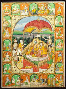 Rama ja Sita Enthroned, Shivan, Hanumanin ja muiden palvomia, 1800-20 tekijältä Indian School