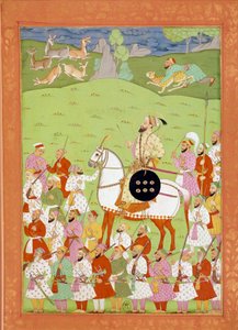Shah Alemin, Aurengzibin toisen pojan esitys hevosen selässä Miniatures Indian ja Persian Niccolo Manuccin (1638-1717) "Intian historiasta Tamertantesta Orangreybiin" -julkaisussa. B.N., Pariisi. tekijältä Indian School