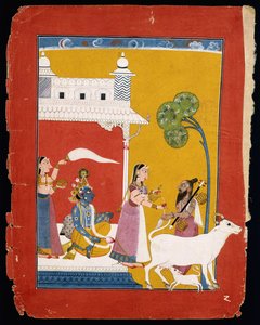 Rukmini tarjoaa vettä viisaalle Naradalle puolisonsa Krishnan istuessa talossaan, n. 1725-1730 tekijältä Indian School